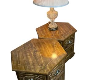 Pair of Vintage Hexagon Wooden End Tables with Storage  Cut Glass Lamp