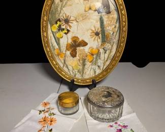 Vintage Butterfly Specimen Art, Vanity Jars  Embroidered Linen Hankerchiefs