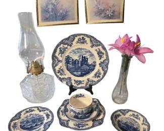 Johnson Brothers Old Britain Castles Blue White Dishes, Oil Lamp and Framed Prints