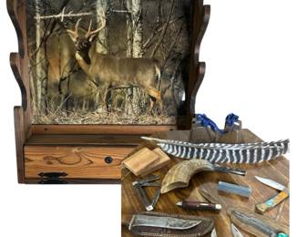 Rustic Wooden Gun Rack with Whitetail Deer Scene  Hunting Knife Collection