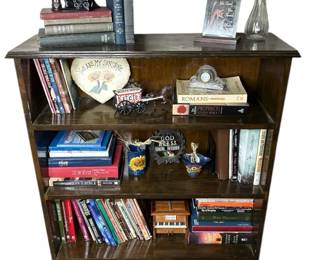 Wooden Bookshelf with Assorted Books some Vintage  Decorative Items