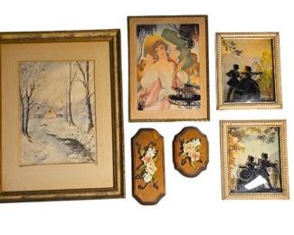 Vintage Framed ArtworksReverse Silhouettes, Winter Scene  Floral Plaque