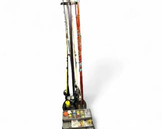 Fishing Lot  8 Poles with 6 Reels, Stand, and Vintage Metal Tackle Box