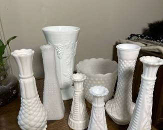 Set of White Glass Vases and Decorative Bowl