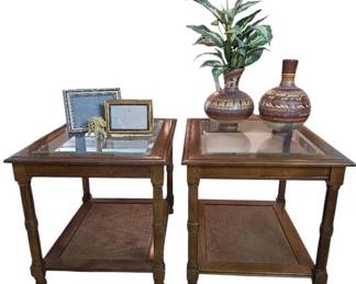 Wood End Tables W glass Tops And Ratan Bases  Collectable Decorations