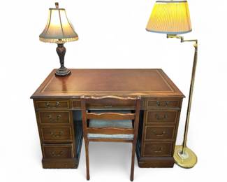 SlighLowry Executive Desk with Leather Inlay, Chair, and Lamps