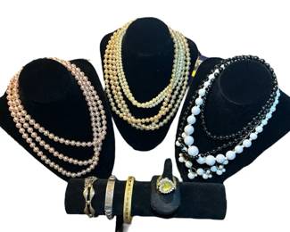 Elegant Vintage Jewelry Lot  Pearl  Beaded Necklaces, Bracelets, and Statement Ring
