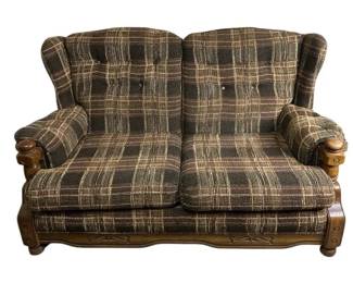 Vintage Plaid Upholstered Loveseat with Carved Wood Frame