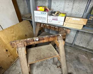 Wooden Sawhorses, Step Platform, and Boxes of Workshop Supplies