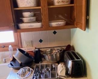 Corning ware, flatware, toaster and misc. kitchen