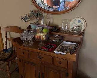 wood cabinet , mirror and misc