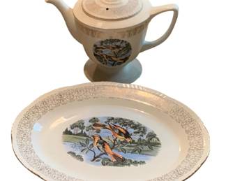 153 - 2pc Homer Laughlin Teapot & Platter - B51N6 platter - 14 x 11 teapot - 8 x 9
