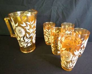 Vintage Marigold Carnival Glass Pitcher And Glasses