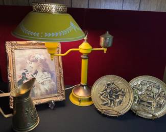 MidCentury Modern Yellow Toleware Table Lamp, 2 Vintage Embossed Brass Plates And Vintage Frame