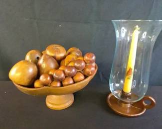 Wood Pedestal Fruit Bowl With Monkey Pod Fruit 