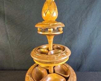 Vintage 3 Tier Pineapple Hawaiian Hand Carved Monkey Pod Lazy Susan