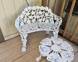 wrought iron bench and side table