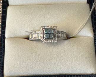#41J - $550 - 14kt white gold and blue irridiated diamond ring. 1ctw approx. Size 6 1/2 - 3.4 grams 
