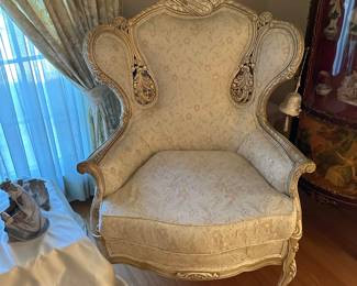 #16  - $400 Pair of Rococo wingback chairs cream 45tx33wx36d