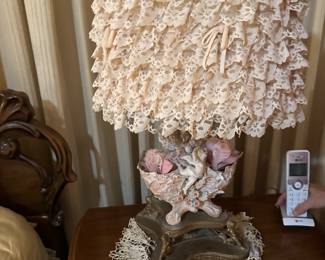 #85 - $90 - Porcelain lamp with ruffle shade 26tx13w pink quartz finial
