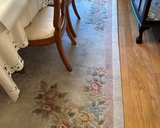 #29 - $200 - Corner leaf Carved area carpet creams pinks and greens 8'3x11'6 needs cleaning
