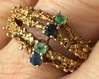 #1J - $325 - 14kt gold ring emerald/ sapphire. Size 6. 4.76gr.
