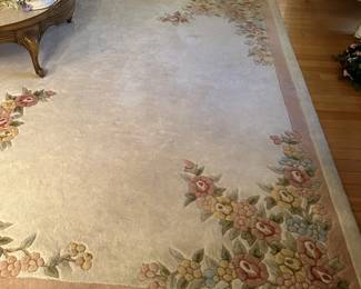 #14 - $220 - Chinese leaf Carved area carpet creams pinks and greens 8'3x11'6
