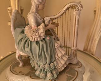 #25 - $400 - Rare - Early 20th cent. German porcelain lace lady with harp client paid $2495 - tagged under piece - stamped Dresden Reine Hand Arbeit - meaning handcrafted item to the highest quality-Very good condition
