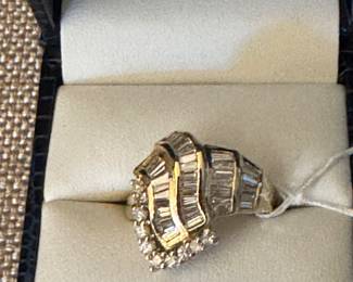 #42J - $1075 - 14kt gold yellow & bagettes & round diamonds ring - 1 1/2 ctw - 7.5gr - sz. 8 1/2