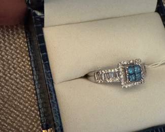 #41J - $550 - 14kt white gold and blue irridiated diamond ring. 1ctw approx. Size 6 1/2 - 3.4 grams 