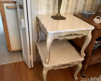 #18 - $150 - 2- end tables painted white Victorian style with marble tops15tx39wx19d
