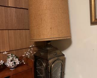 #104 - $90 - Vintage lantern lamp metal with wood base burlap shade 38t
