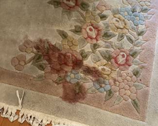 #29 - $200 - Corner leaf Carved area carpet creams pinks and greens 8'3x11'6 needs cleaning