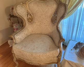 #16  - $400 Pair of Rococo wingback chairs cream 45tx33wx36d

