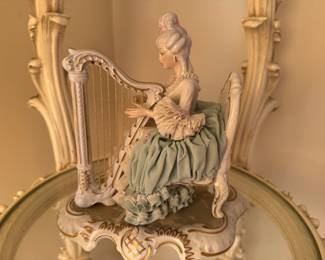 #25 - $400 - Rare - Early 20th cent. German porcelain lace lady with harp client paid $2495 - tagged under piece - stamped Dresden Reine Hand Arbeit - meaning handcrafted item to the highest quality-Very good condition