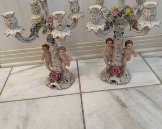#4 - $150 - Dresden set of 2 candelabras' Cherub(one repaired) 15tx9w
