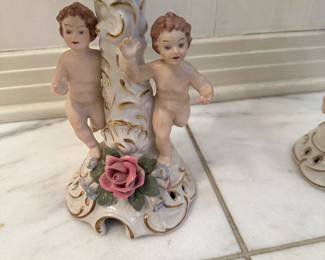 #4 - $150 - Dresden set of 2 candelabras' Cherub(one repaired) 15tx9w