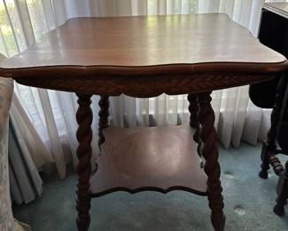 #80 - $150 - Oak square table with glass and brass claw feet 24x24x28t