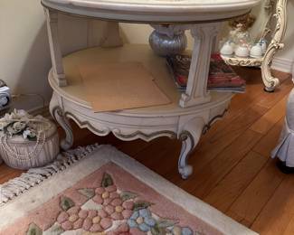 #8 - $150 - White round wood side table with marble top Victorian style 2 tier 22tx27w
