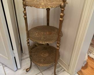 #6 - $48 - Vintage Metal three tiered shelf painted in gold 29tx12round -2 available
