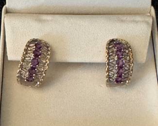 #38J - $475 - Pair of amethyst & diam earrings 14kt gold - 5.7gr - 