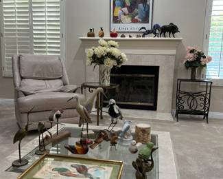Leather Recliner, Bird Decor and Iron Log Bin