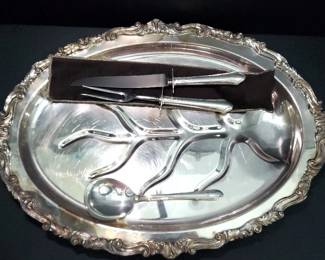 Silverplated Roast Platter With Carving Utensils and Serving Spoon
