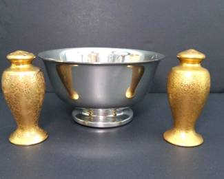 Golden Salt Pepper Shakers, Pewter Bowl