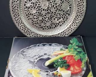 Crystal Chip Dip Platter, Metal Filigree Decorative Plate