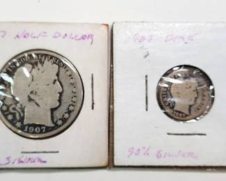 1907 Silver Half Dollar, and Dime