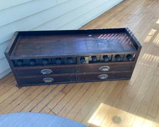 1930's had done small tool and nails etc cabinet. All the top drawers were wooden cream cheese boxes! Depression era ingenuity. $90