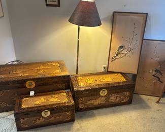 Chinese Carved Nesting Trunks, Floor Lamp, Wall Art