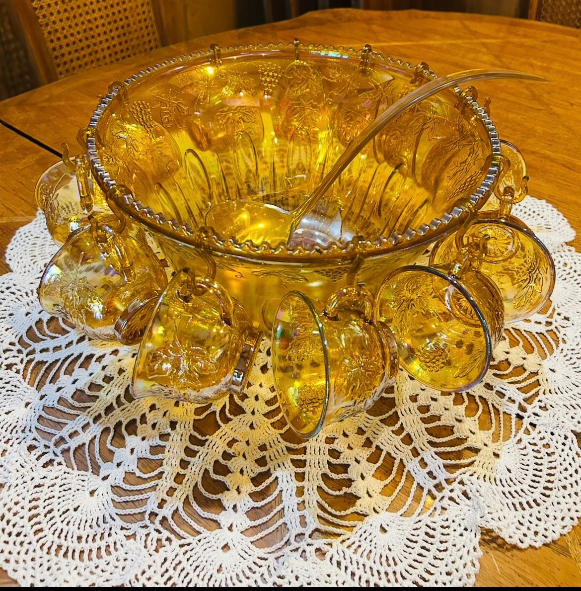 Carnival Glass punch Bowl w/cups and spoon