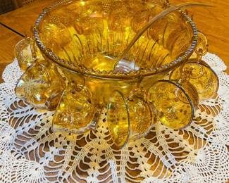 Carnival Glass punch Bowl w/cups and spoon 